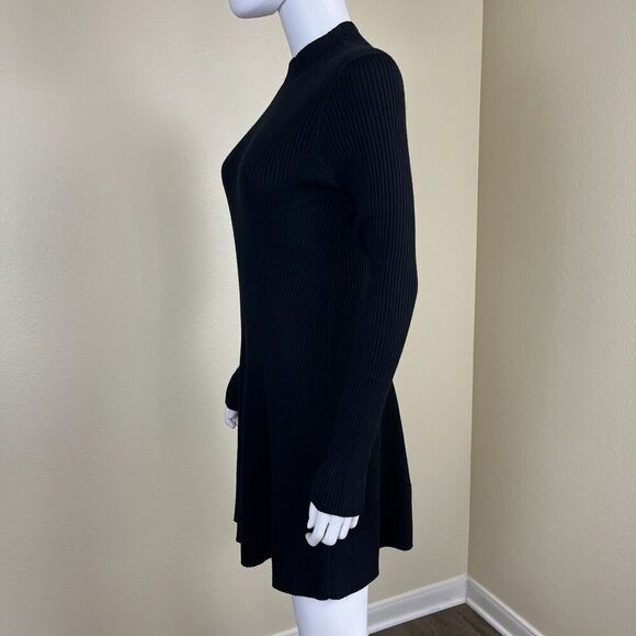 Theory Women's Size M Black Merino Wool Moving Rib Mock Neck Sweater Dress - Picture 12 of 15